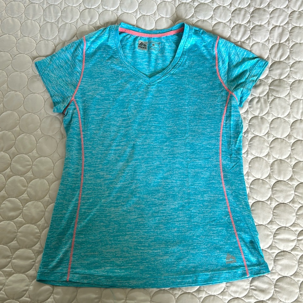 RBX Light Blue Turquoise and Pink V Neck Workout Shirt Performance